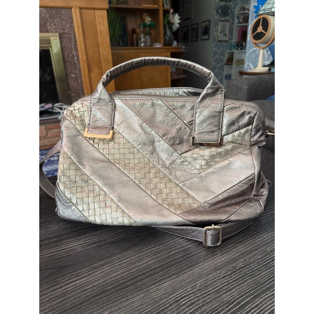 Elliot Lucca Woven Golden Tone Bowler Hobo Bag